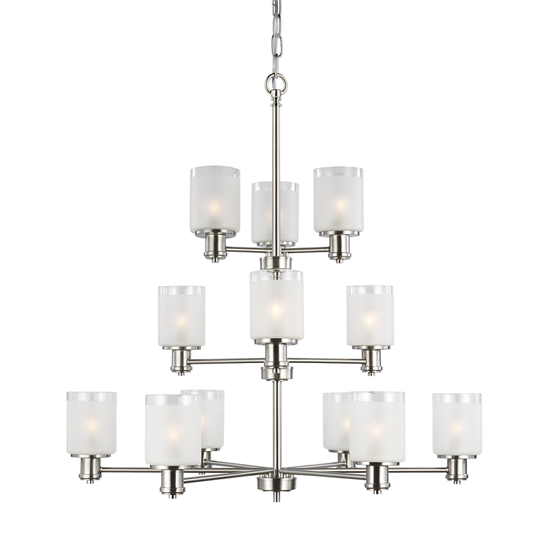 Люстра двухъярусная цвета никель с 12-ю матовыми цилиндрическими стеклянными плафонами Generation Lighting Никель Белый Бежевый в Казани | Loft Concept 