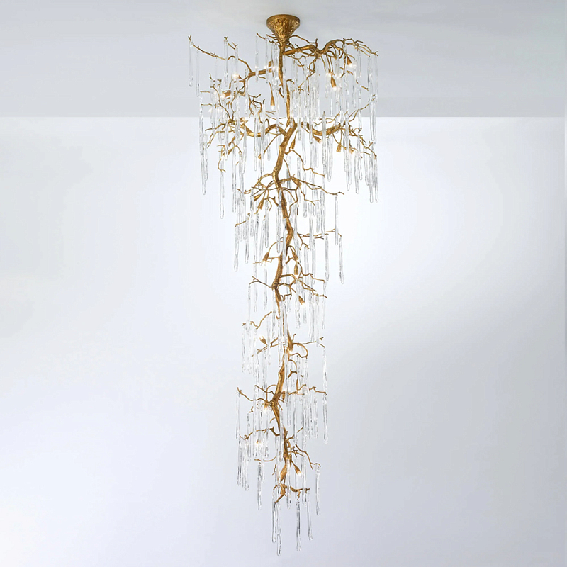 Люстра большая каскадная с прозрачными подвесками в форме капель Droplet Chandelier Золотой Прозрачный Люстра большая каскадная с прозрачными подвесками в форме капель Droplet Chandelier Золотой Прозрачный в Казани | Loft Concept
