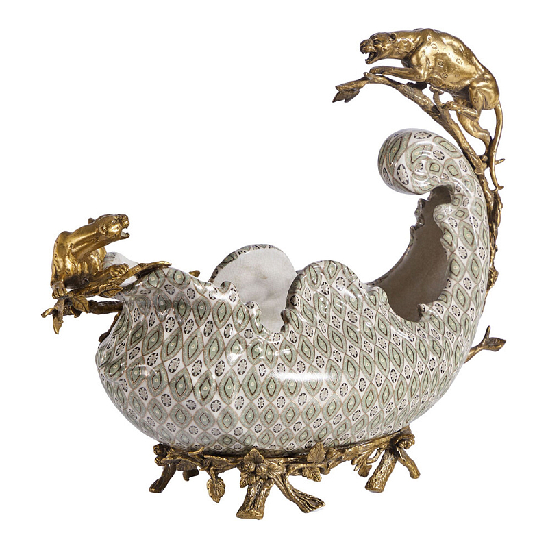 Чаша для фруктов из фарфора бронзовыми фигурками леопардов Eden Garden Мульти Бронза в Казани | Loft Concept 