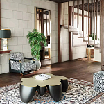 Дизайнерский журнальный стол округлой формы чёрный с золотой столешницей Fufem варинант исполнения - 3 | Loft Concept в Казани