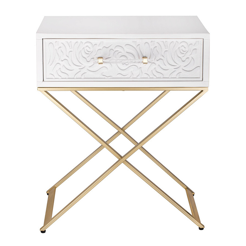 Приставной столик с выдвижным ящиком  White Table Carved Pattern Белый Золотой в Казани | Loft Concept 