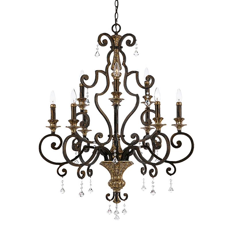 Люстра с подвесками из прозрачного стекла на кованом каркасе бронзового цвета в классическом стиле Quoizel Бронза Прозрачное Стекло Золотой в Казани | Loft Concept 