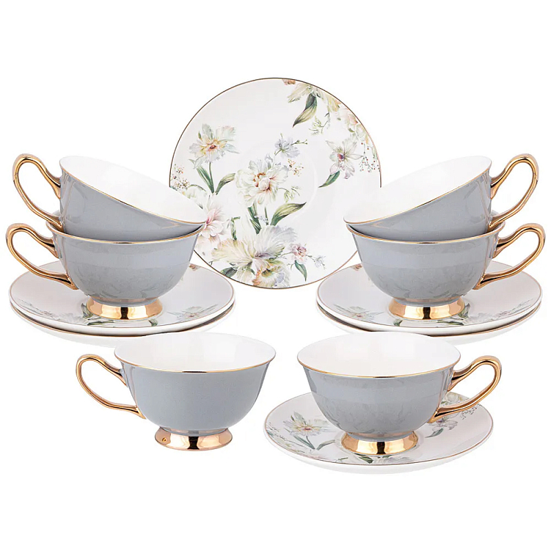 Чайный набор из фарфора на 6 персон Grey Tea Porcelain Set Белый Золотой Серый в Казани | Loft Concept 