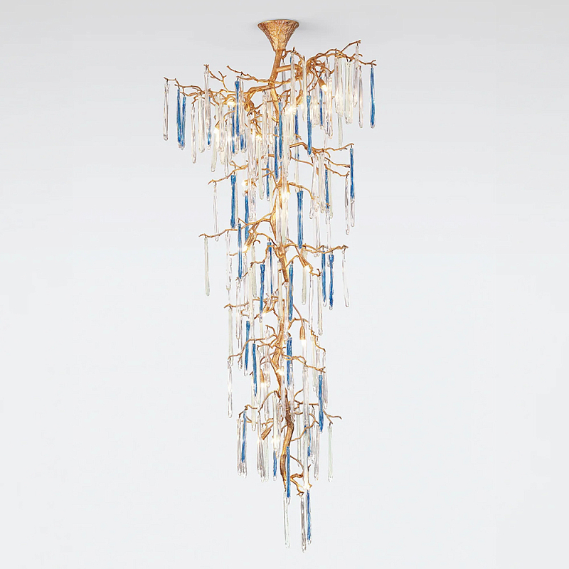 Люстра каскадная с прозрачными и голубыми подвесками в форме капель Droplet Chandelier Золотой Прозрачный Голубой Люстра каскадная с прозрачными и голубыми подвесками в форме капель Droplet Chandelier Золотой Прозрачный Голубой в Казани | Loft Concept