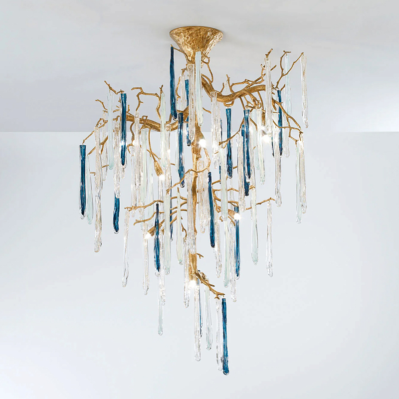 Люстра с прозрачными и голубыми подвесками в форме капель Droplet Chandelier Золотой Прозрачный Синий Люстра с прозрачными и голубыми подвесками в форме капель Droplet Chandelier Золотой Прозрачный Синий в Казани | Loft Concept