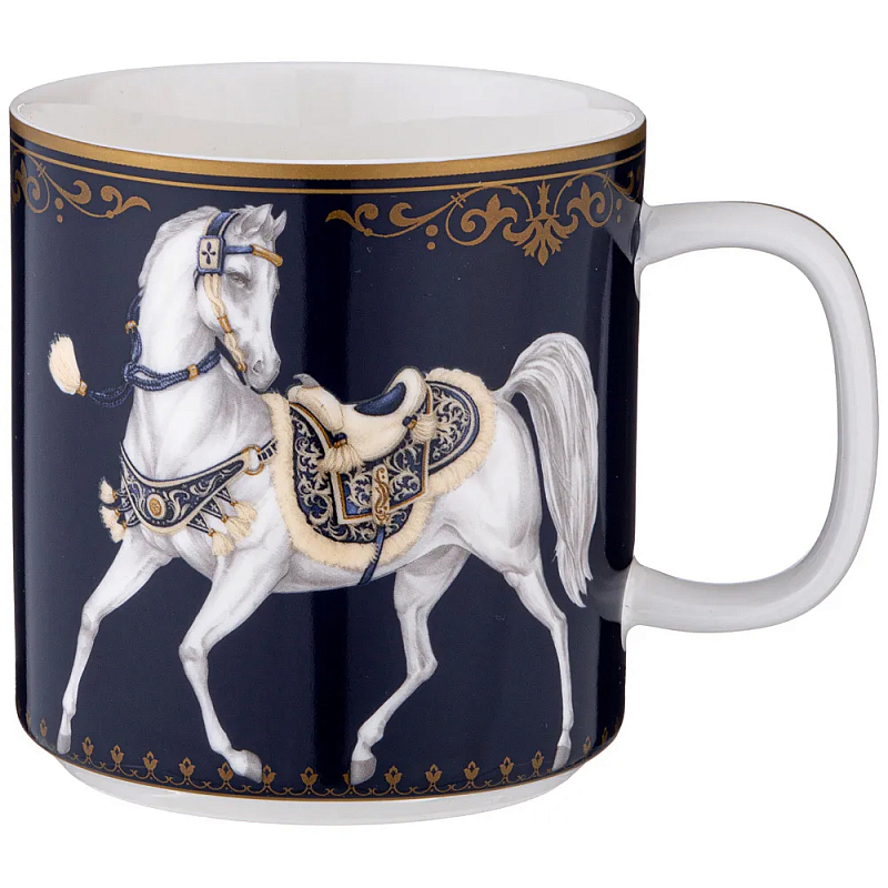 Кружка из фарфора синяя с изображением лошадей 400 мл Porcelain Horse Set Белый Синий Золотой в Казани | Loft Concept 