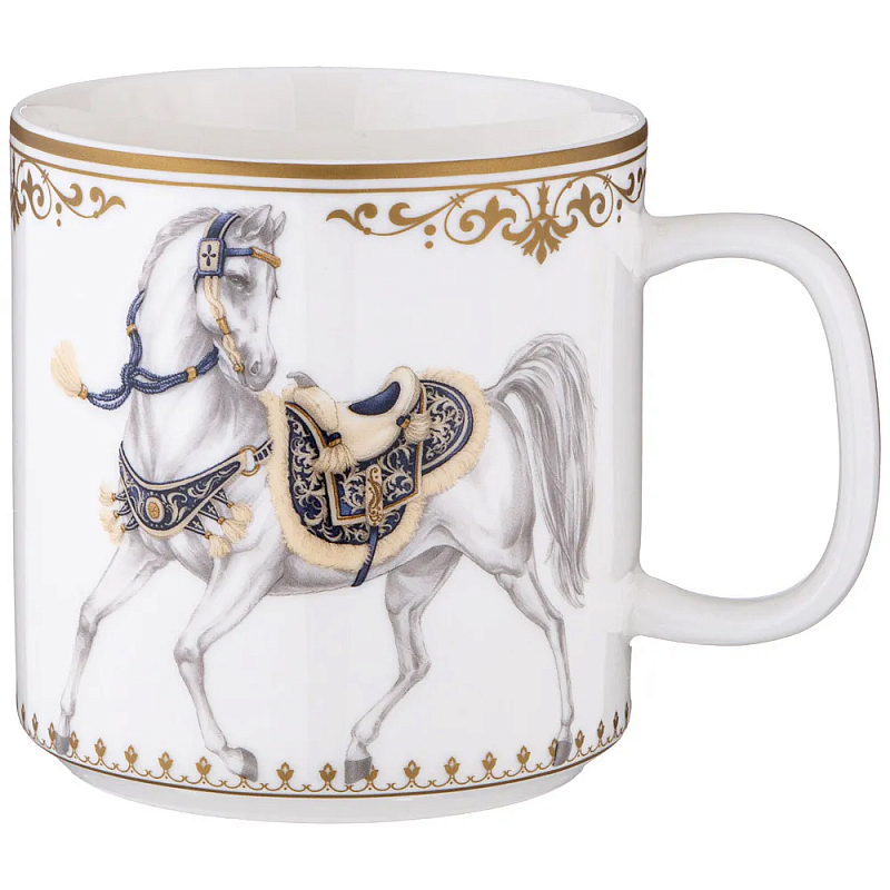 Кружка из фарфора белая с изображением лошади 400 мл Porcelain Horse Set Белый Синий Золотой в Казани | Loft Concept 