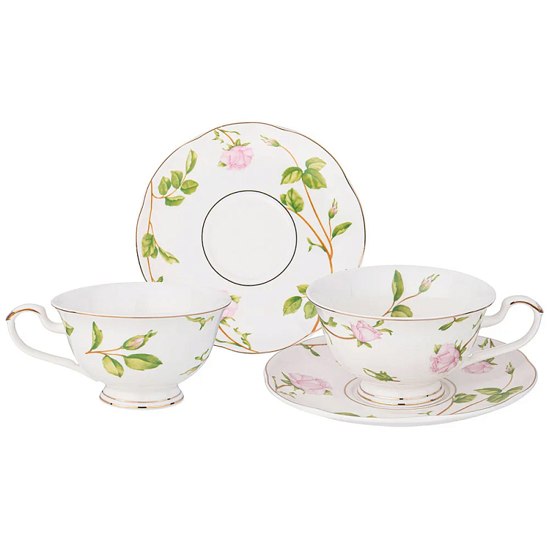 Чайный набор из фарфора белый с цветочным принтом на 2 персоны 4 предмета Flower Porcelain Collection Белый Мульти в Казани | Loft Concept 