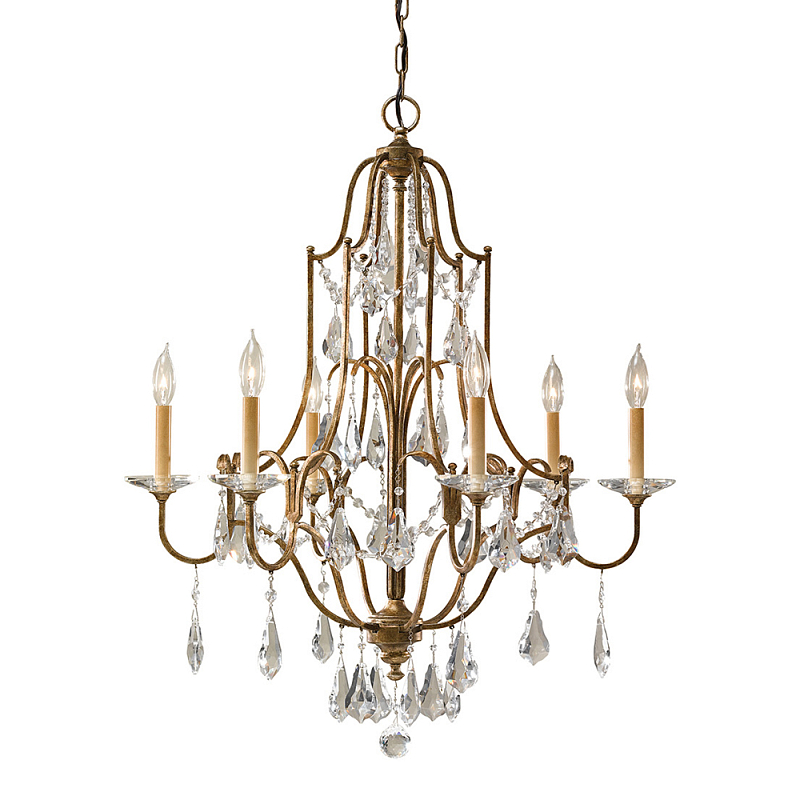 Люстра в бронзовом цвете с 6-ю лампами в форме свечей со стеклянными подвесками в классическом стиле Feiss Бронза Прозрачное Стекло в Казани | Loft Concept 