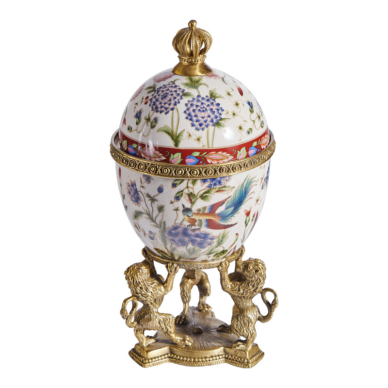 Шкатулка в форме яйца на величественных львах из фарфора с бронзовыми элементами Eden Garden Белый Черный Бронза Мульти в Казани | Loft Concept 