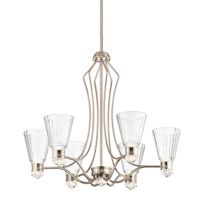 Люстра цвета никель с 6-ю рифлеными стеклянными плафонами и изогнутым каркасом Kichler Никель Белый Прозрачное Стекло в Казани | Loft Concept 
