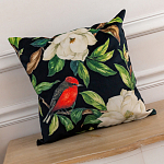 Декоративная подушка чёрная с изображением птиц и цветов Blooming Reds Birds варинант исполнения - 2 | Loft Concept в Казани