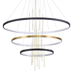 Люстра подвесная с 3-мя круглыми подвесами в черном и золотистом цвете и вертикальными подвесками Ring Horizontal варинант исполнения - 1 | Loft Concept в Казани