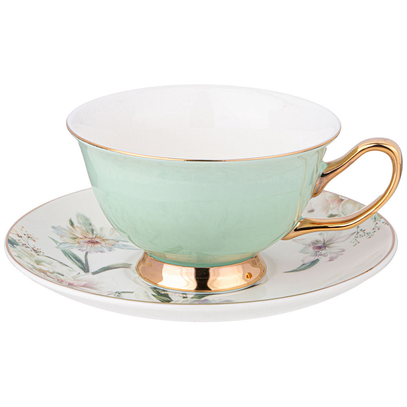 Чайная пара из фарфора 200 мл Green Tea Porcelain Set Белый Золотой Зеленый в Казани | Loft Concept 